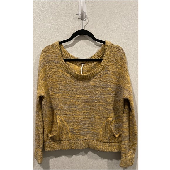 FREE PEOPLE Knit Pockets Yellow Grey Sweater - Picture 2 of 5